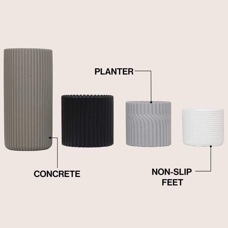 JONATHAN Y Noa Modern Minimalist Handmade Concrete Fluted Cylinder Planter Set (Set of 4)