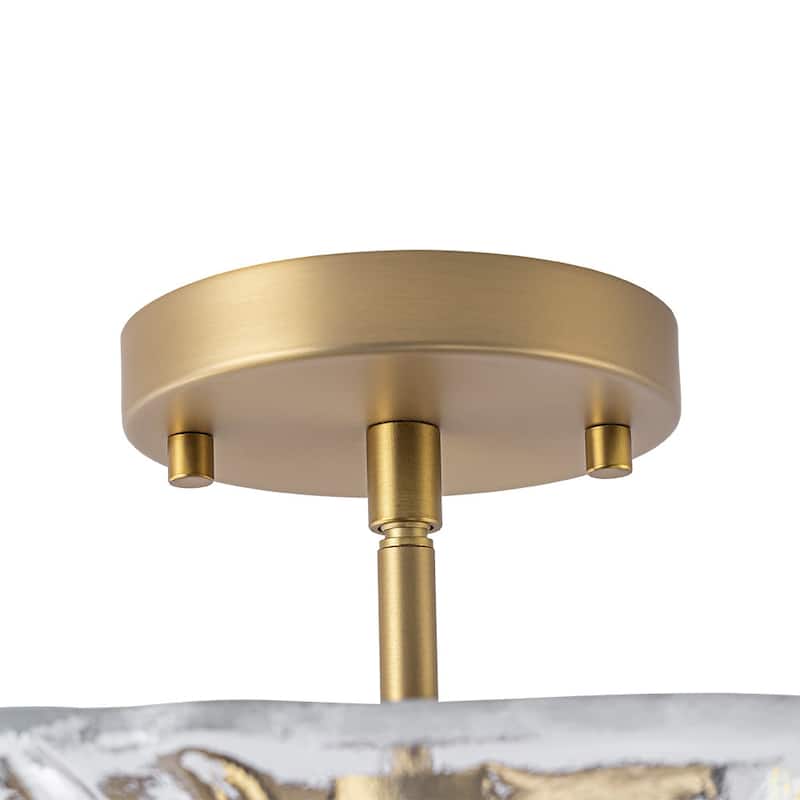 Mid-Century Brass Round Glass Bowl Semi Flush Ceiling Light 15in