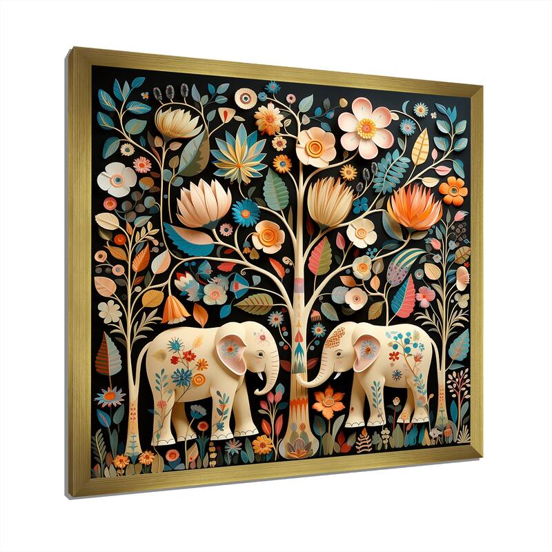 Designart "Indian Art Jaipur Elephants IV" Indian Art Wall Decor Beige Global Living Room Framed Canvas Art