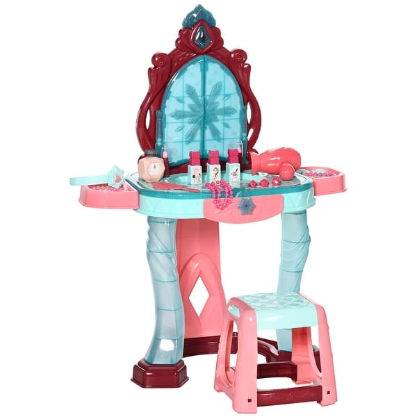 slide 2 of 7, Qaba Kids Vanity Set with Self-Opening Magic Mirror, Princess Makeup Vanity Table Set with Music, Tabletop with Lights - Blue Blue