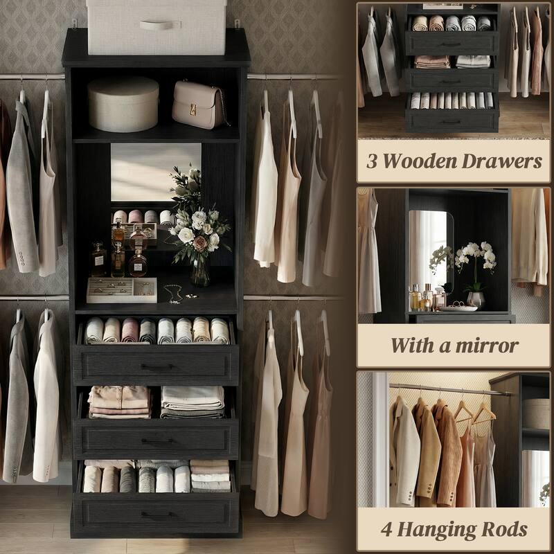90'' W Closet System with Extendable Hanging Rods & Mirror,Walk-in Closet Organizer System Starter Kit with Drawers