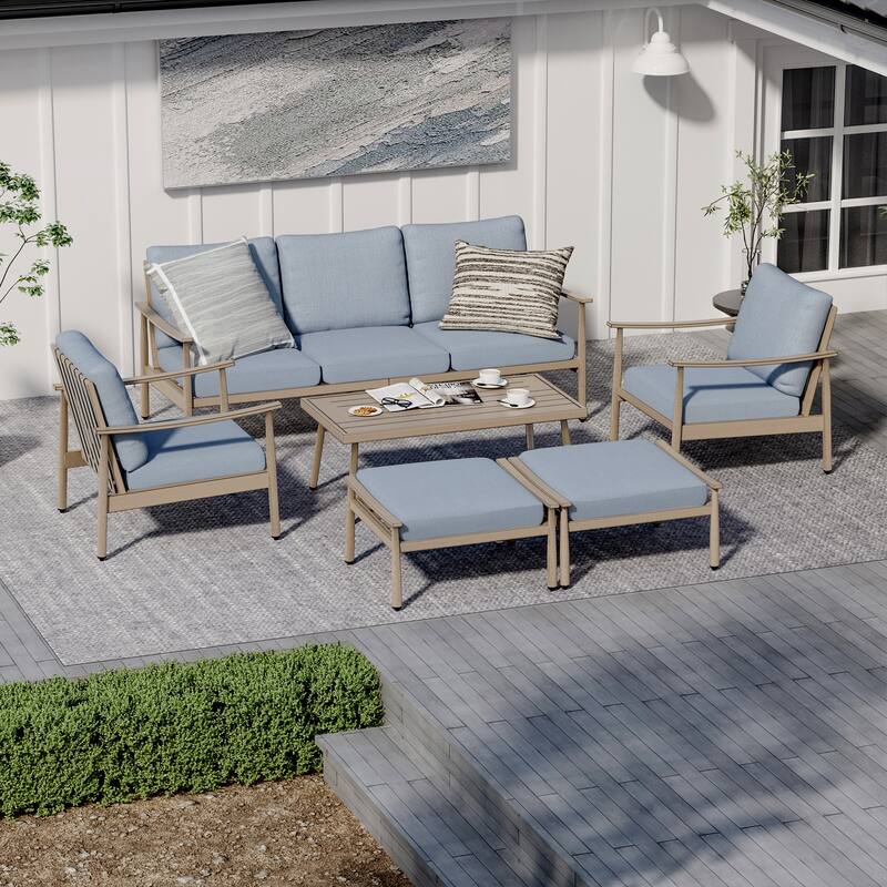 6-Piece Aluminum Patio Conversation Set, 3-Seat Outdoor Couch with Ottomans and Coffee Table