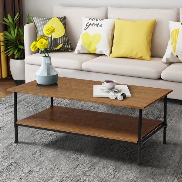 Gymax Rectangle Coffee Table Metal Frame Accent Cocktail Table with Storage Shelf