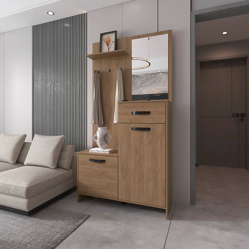 Tall Hall Tree with Mirror, Multi-Shelf Storage, Drawer, and Adjustable Legs for Organized Entryways