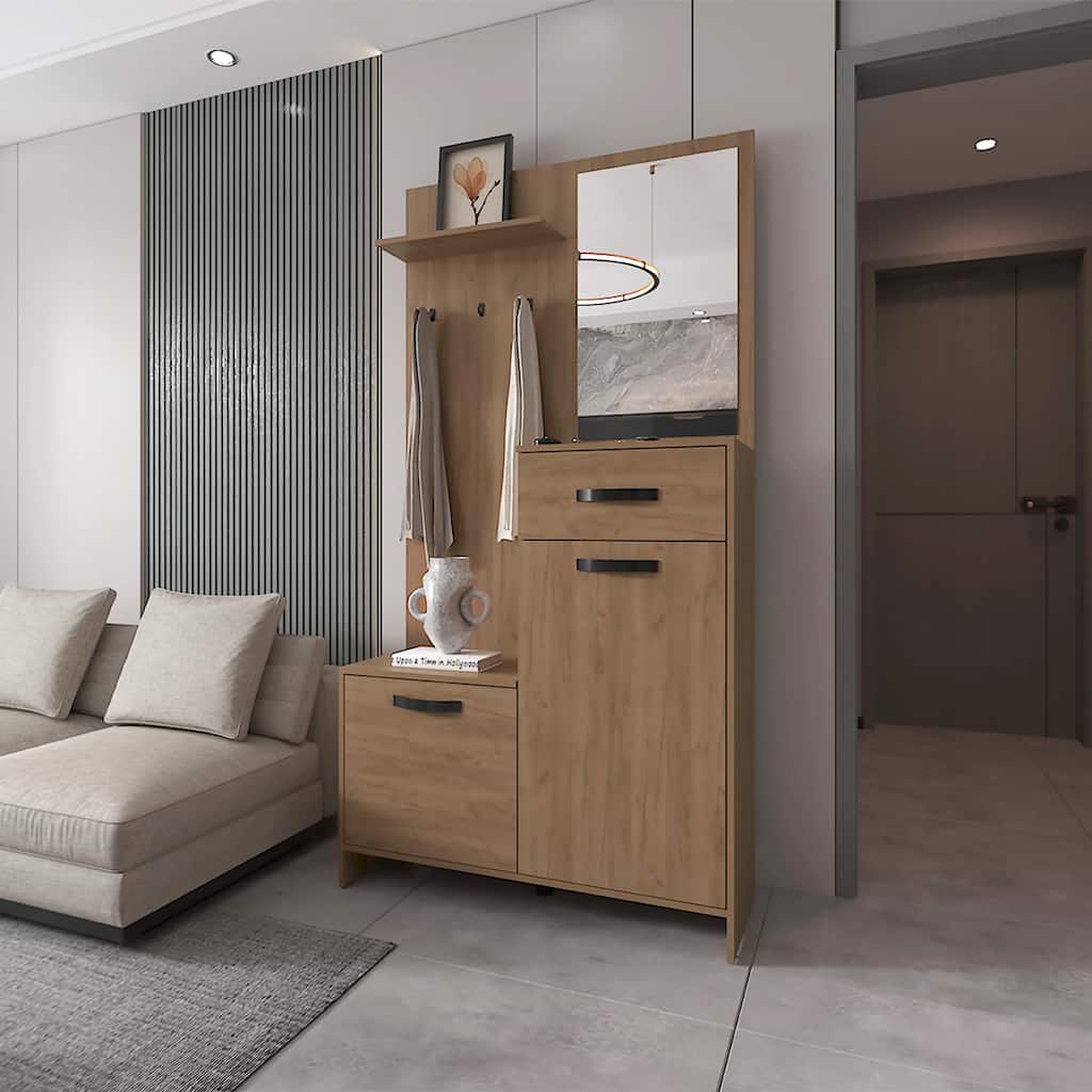 Tall Hall Tree with Mirror, Multi-Shelf Storage, Drawer, and Adjustable Legs for Organized Entryways