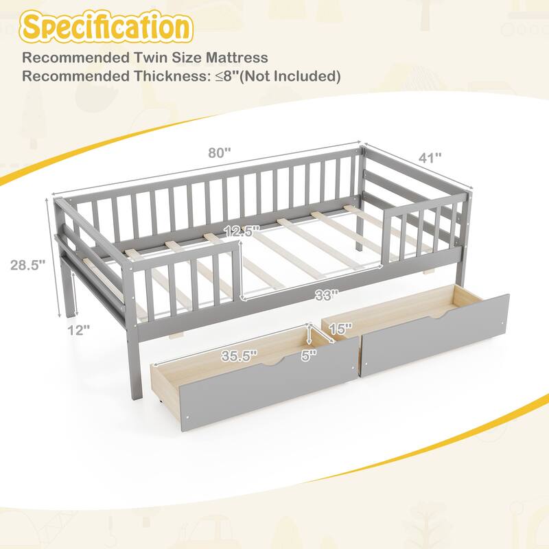 Gymax Twin Size Kids Bed w/Storage 2 Pull-out Drawers Side Shelf for