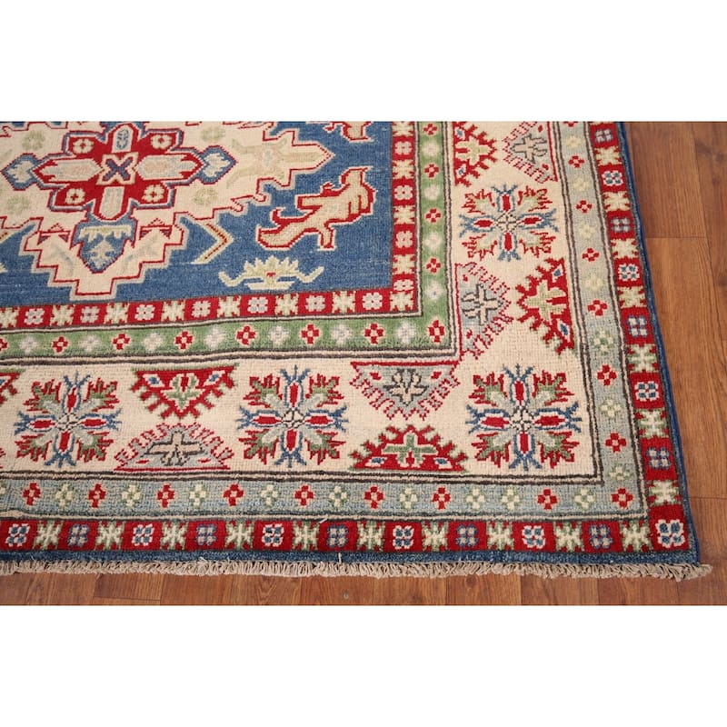 Blue Geometric Kazak Area Rug Hand-Knotted Geometric Wool Carpet - 5'0" x 6'8"