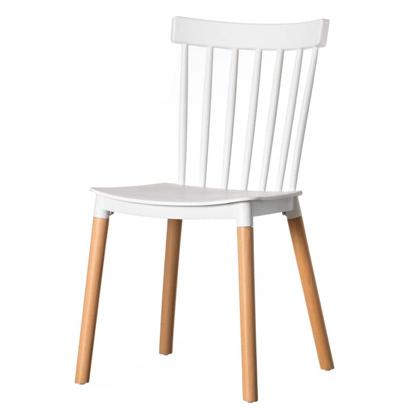 Modern Plastic Dining Chair Windsor Design with Beech Wood Legs - Single White