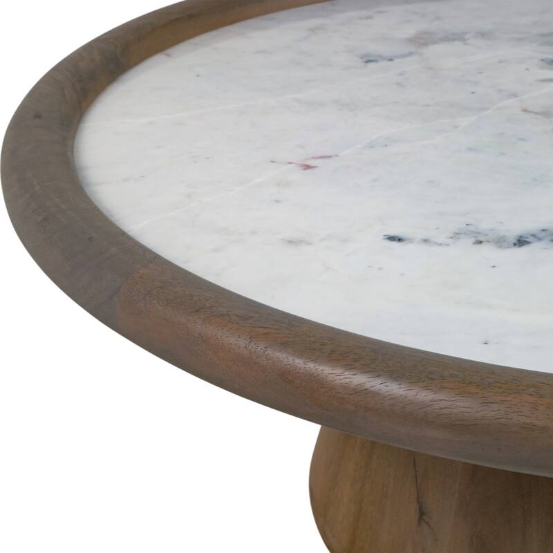 Mango Wood Marble Accent Table Round Drum Base Sculptural Design