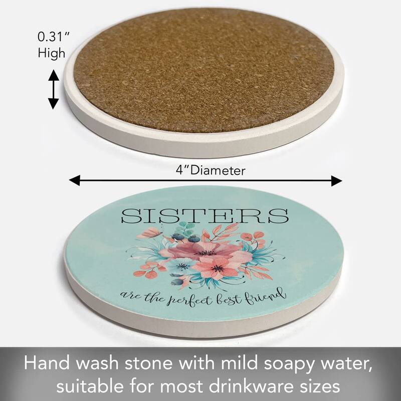 CounterArt Sisters Perfect Best Friend Absorbent Stone Tumbled Tile Coaster Set of 4 Made in The USA Protective Cork Backing