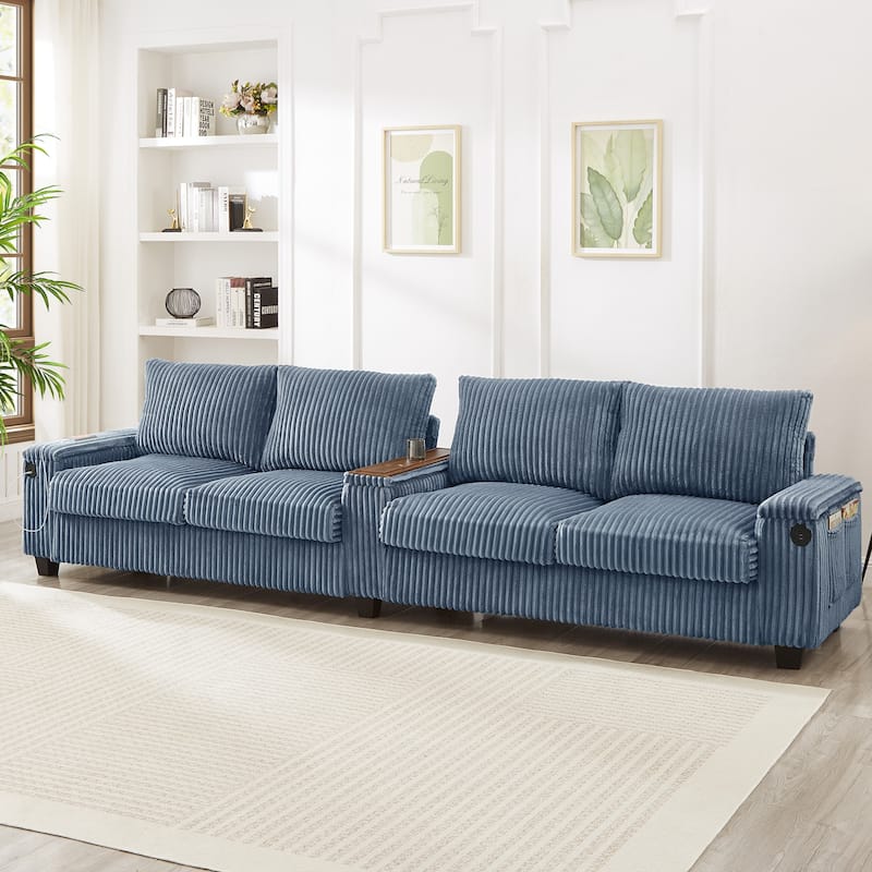 4 Seater Corduroy Sofa Couch with USB Ports and Storage Arms, 133" Modern Sofa with Side Pockets and Flip-Top Cup Holders