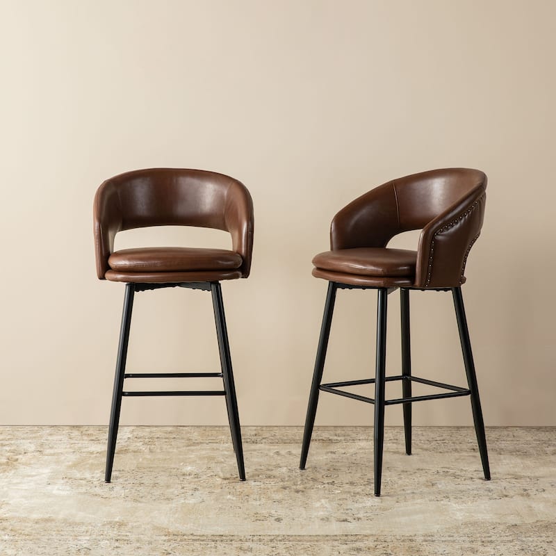 Glitzhome Set of 2 Mid-Century Modern 40.5"H Faux Leather Bar Stools with Nailhead Trim
