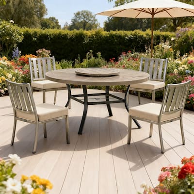 Patio Aluminum Round 59.5" Dining Table With Outdoor Chairs