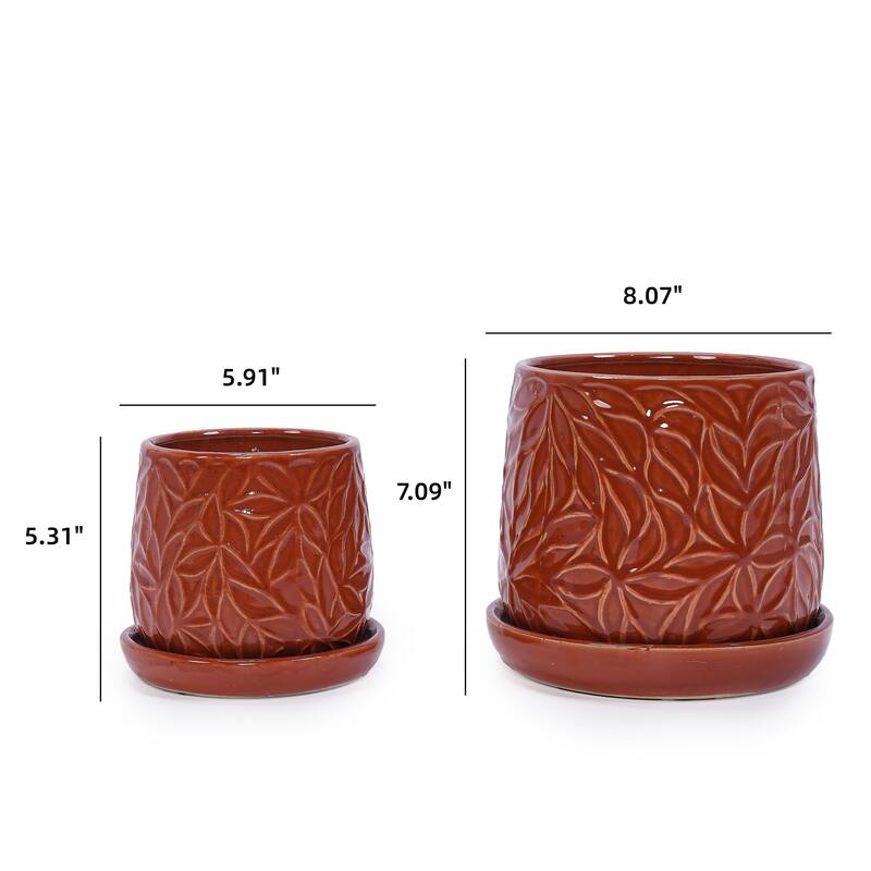 Set of 2 Handmade Modern Embossed Leaf Ceramic Planters with Saucers