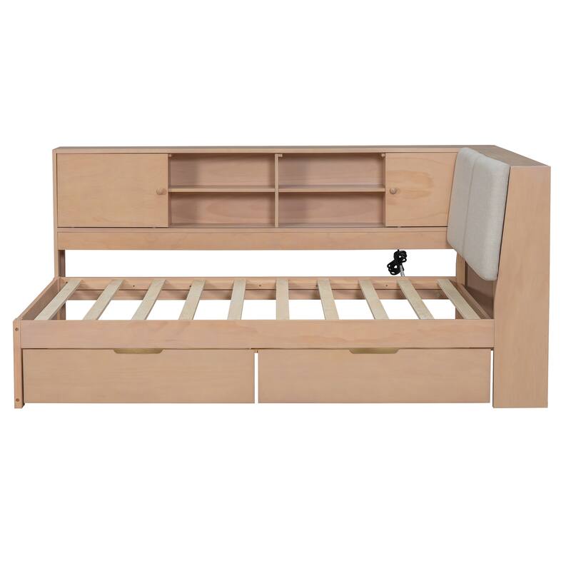 L-Shaped Daybed with Bookcase & USB Charging Port, Wood Floor Corner Bed Frame with Storage Drawers & Upholstered Headboard