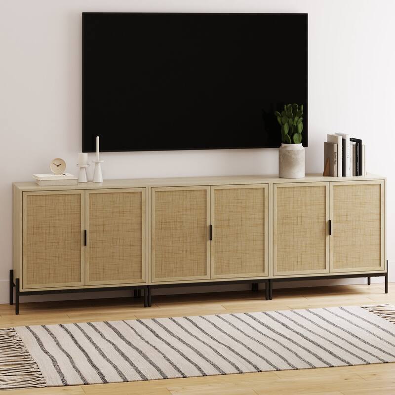 Andrew Bohemian Entryway Storage Cabinet or Kitchen Sideboard Credenza, TV Stand or Rattan Accent Cabinet with Metal Legs - Set of 3
