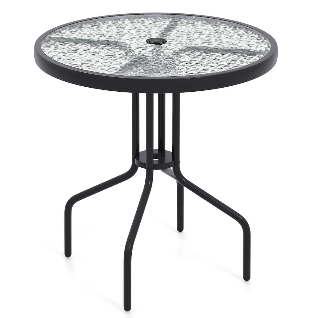 27.5” Round Patio Table with Tempered Glass Surface and Metal Frame Includes Umbrella Hole - 27.5" x 28"