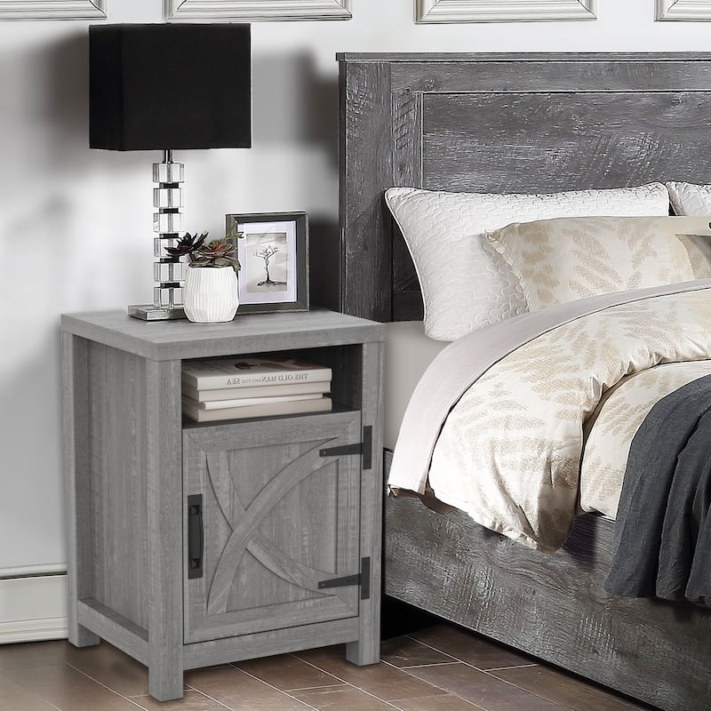 Walnut Barn Door Sofa End Table Nightstand Bedside Table with Storage Shelf - Grey