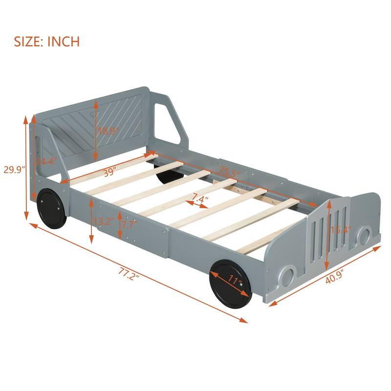 Car-Shaped Platform Bed Wood Low Profile Bed with Slat and Wheels