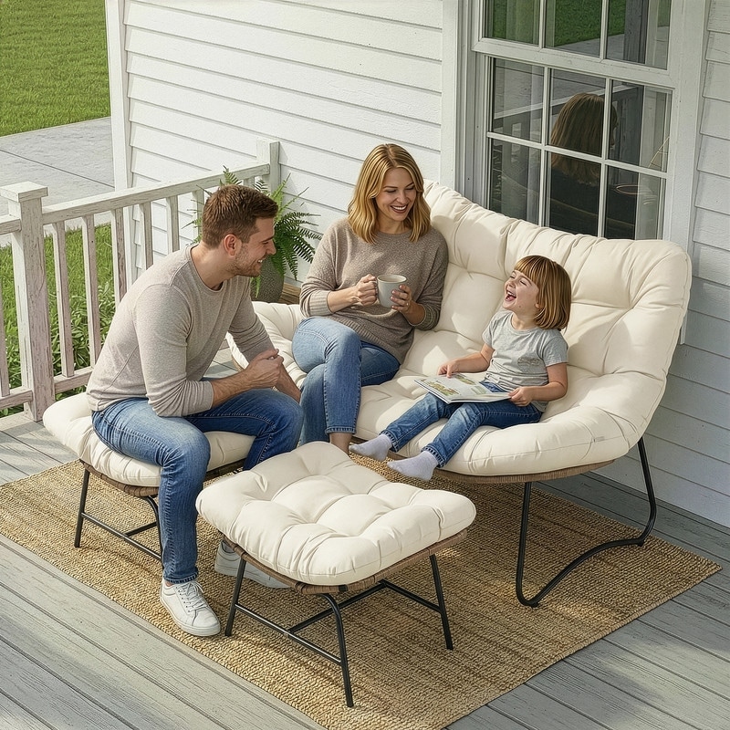 FINCATI 2-Person Outdoor/Indoor Papasan Lounge Egg Chair Loveseat, Oversized 51" Patio Club Chair with 5" Cushion