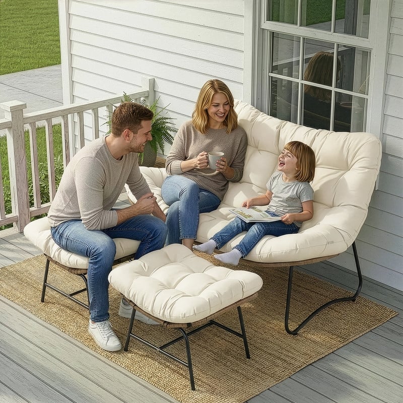 FINCATI 2-Person Outdoor/Indoor Papasan Lounge Egg Chair Loveseat, Oversized 51" Patio Club Chair with 5.5" Cushion