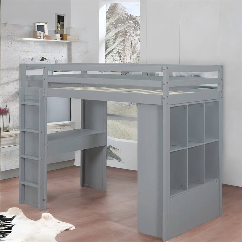 Twin Size Loft Bed with large shelves, writing desk and LED Light