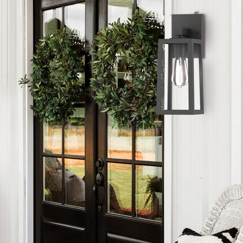 13.5" Outdoor Wall Light with Rising Sun Black Finished and Trapezoid Shade