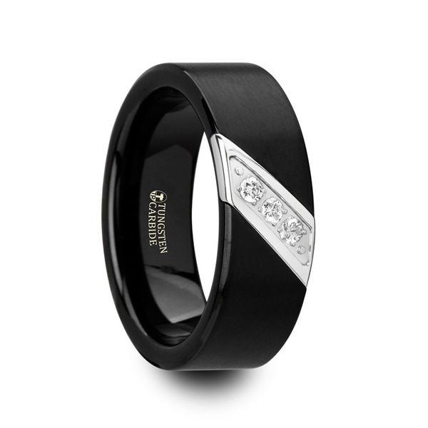 Liam Flat Black Satin Finished Tungsten Carbide Wedding Band Liam Flat Black Satin Finished Tungsten Carbide Wedding Band With Diagonal Diamonds Set In Stainless Steel