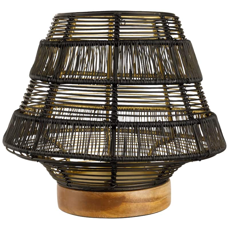 Small Woven Iron Pillar Candle Holder with Wooden Base - 7.25" - Black