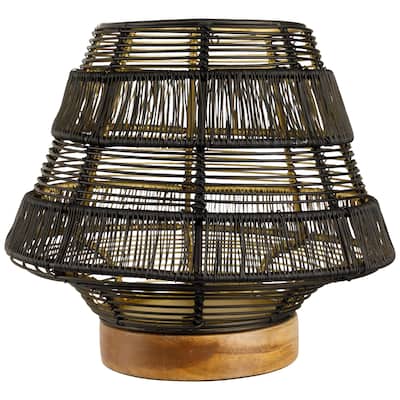 Small Woven Iron Pillar Candle Holder with Wooden Base - 7.25" - Black
