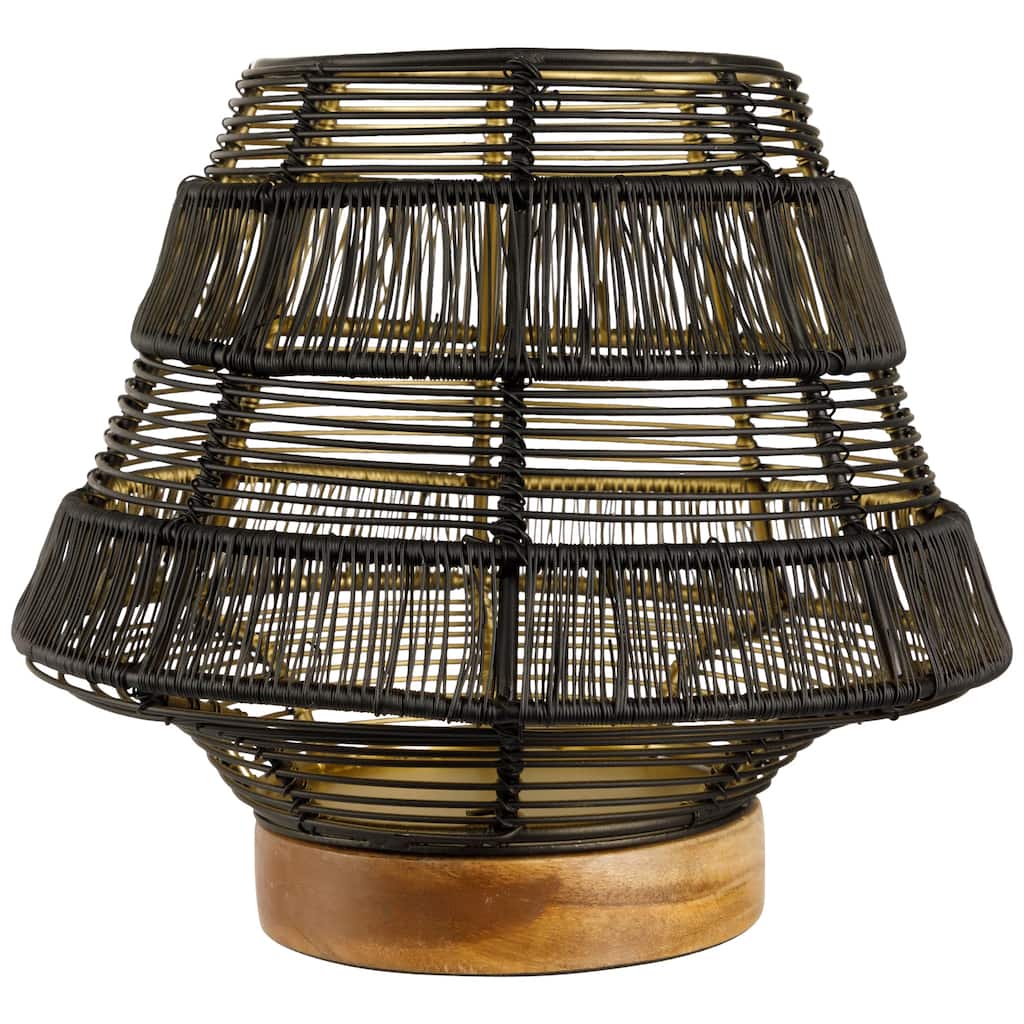 Small Woven Iron Pillar Candle Holder with Wooden Base - 7.25" - Black