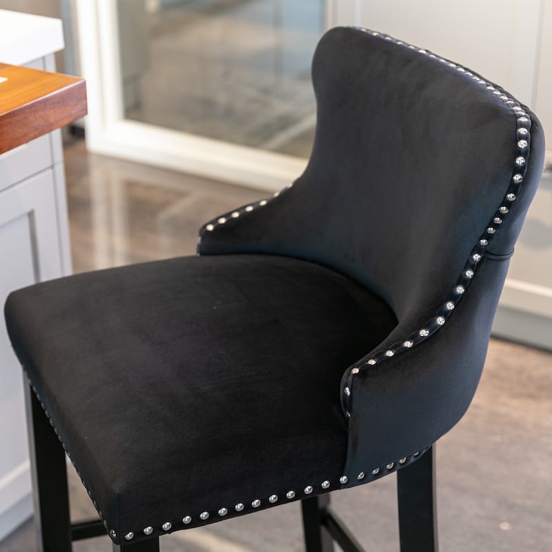 Contemporary Velvet Upholstered Wing-Back Barstools with Button Tufted Decoration Leisure Style Bar Chairs