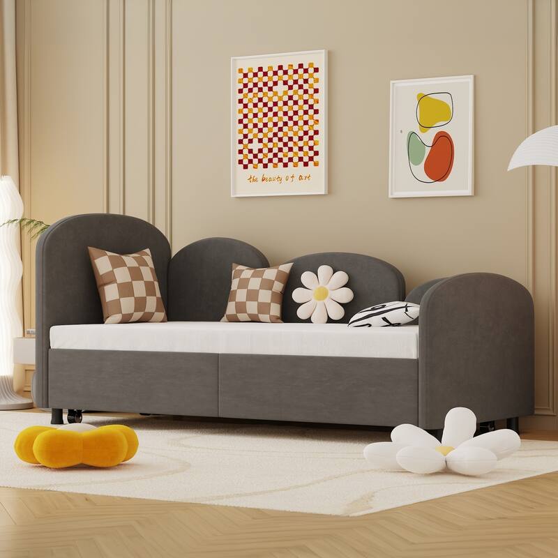 Flower-Shaped Velvet Daybed Frame with Under-Bed Storage - Twin Size Sofa Bed for Bedroom, Kids Room, Living Room, Gray