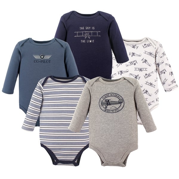 slide 1 of 1, Hudson Baby Infant Boy Cotton Long-Sleeve Bodysuits 5pk, Aviation 0-3 Months - Aviation