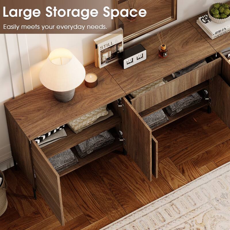 126" Long Modern Reeded Dresser TV Stand With Adjustable Sheves, Entertainment Center With Drawers