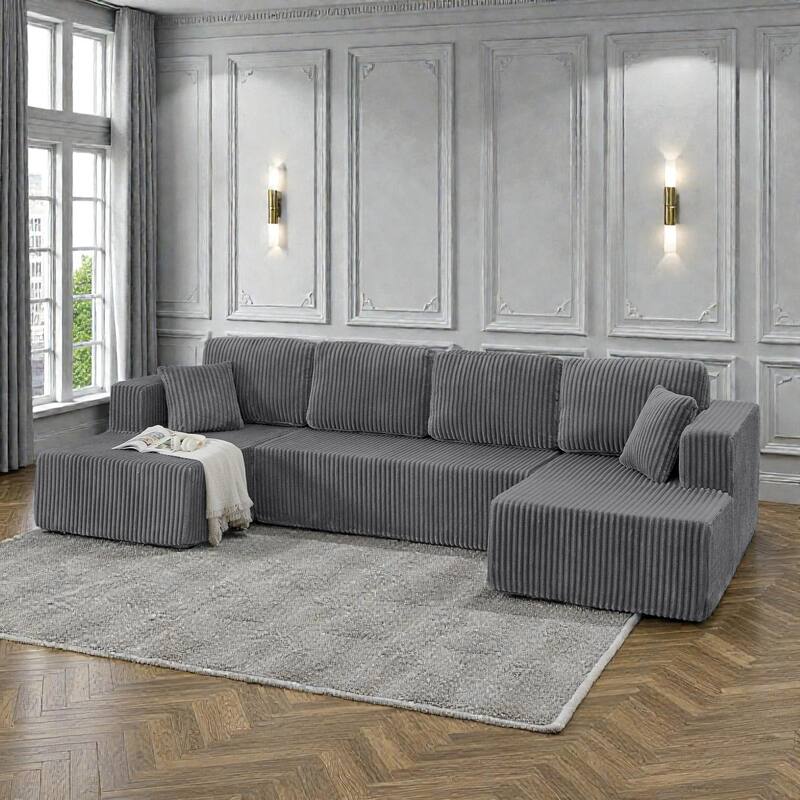 U Shaped Modular Sectional Sofa, Modern Minimalist Corduroy Compressed Couch, Sleeper Sofa for Living Room