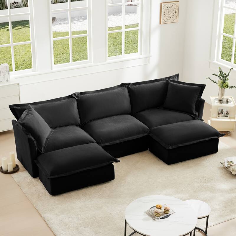 Slipcovered U Shape Sectional Deep Seat Sofa Couch, 3 Seater Sofa with French Edges Design Multiple Big Pillows