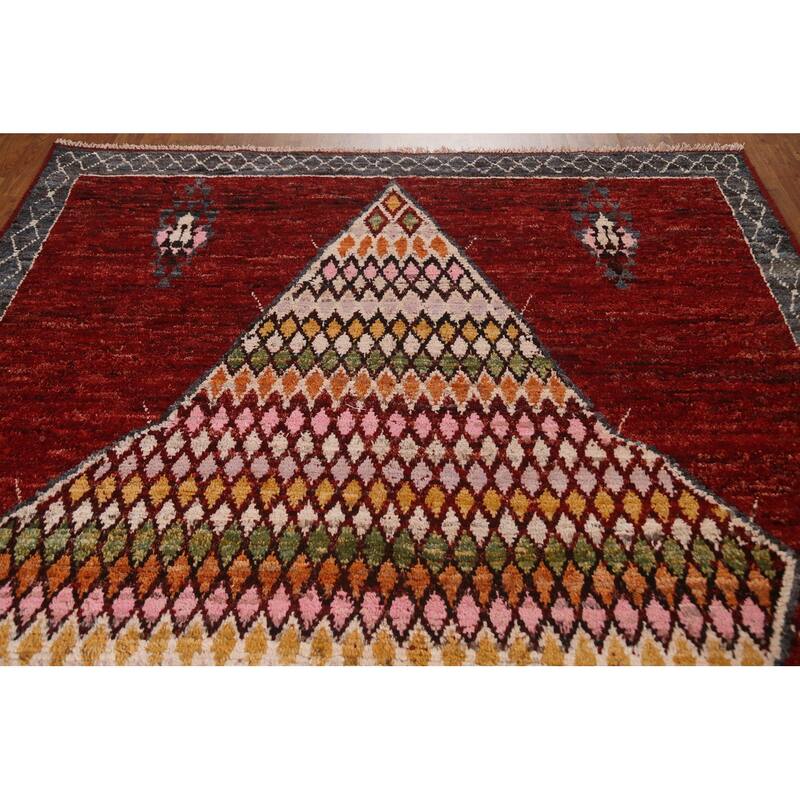 Hand Knotted Oriental 100% Wool Carpet Modern Tribal Red Moroccan Area Rug - 9' 8'' X 6' 11''