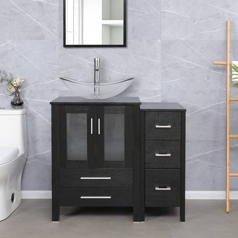 eclife 36" Bathroom Vanity Black Set with Side Cabinet Vessel Sink Faucet Combo - Glass clear boat sink