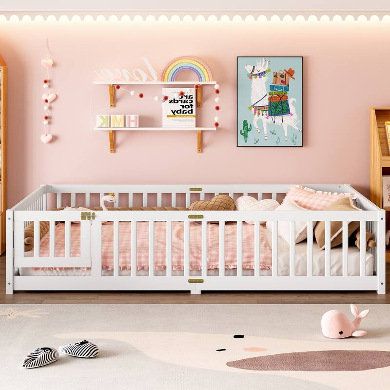 Queen Size Bed Floor Bed with Safety Guardrails and Door for Kids - White