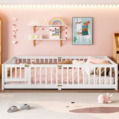 Queen Size Bed Floor Bed with Safety Guardrails and Door for Kids