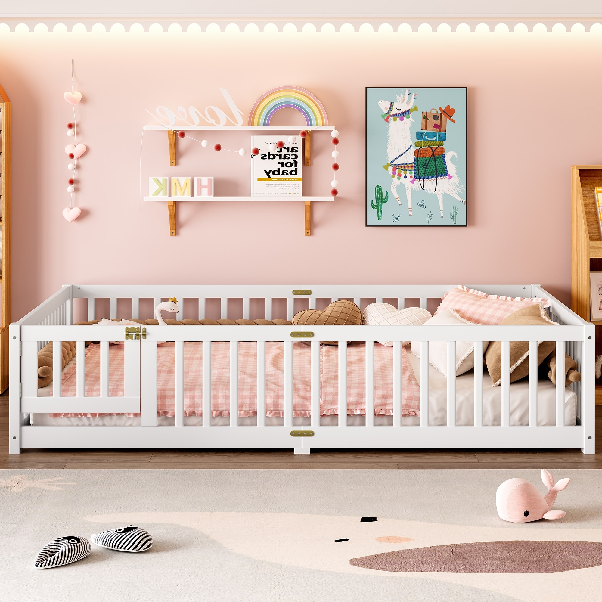 Queen Size Bed Floor Bed with Safety Guardrails and Door for Kids