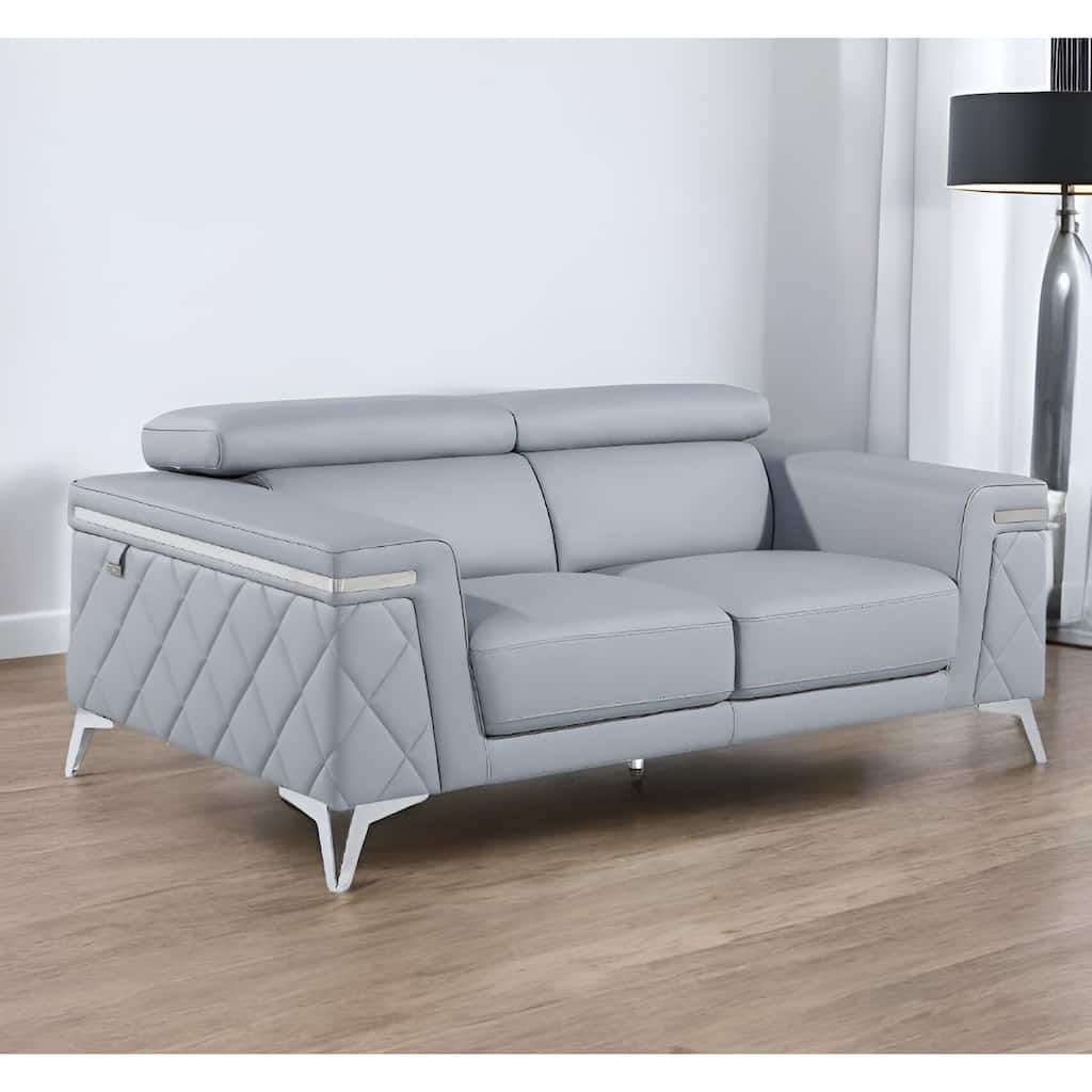 HomeRoots 70" Light Blue And Silver Metallic Top Grain Leather Loveseat