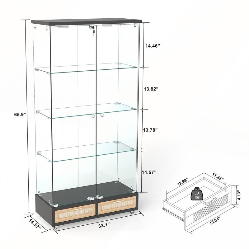 Modern Glass Display Cabinet with Large Drawer for Living Room and Bedroom