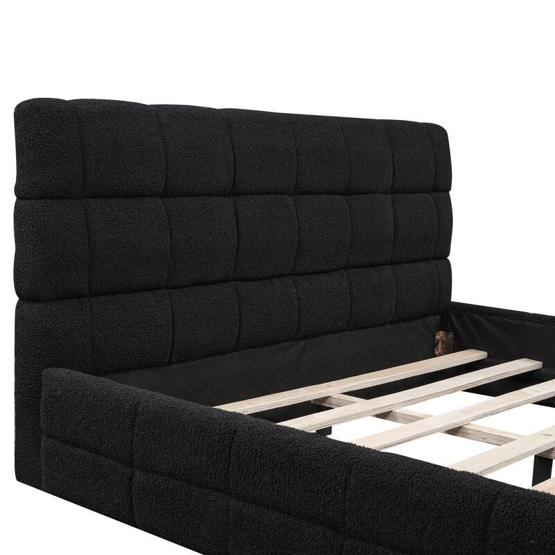 Modern Upholstered Platform Bed Frame Grounded Bed Frame with Striped Headboard/Wood Slats Support/No Box Spring/Easy Assembly