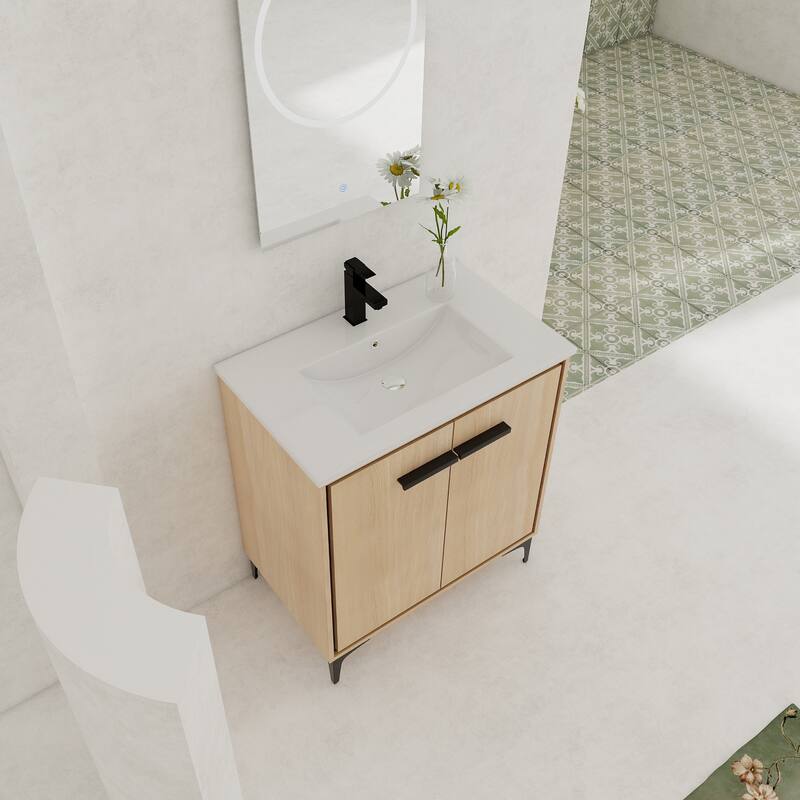 GDFStudio - Denton Modern Freestanding Bathroom Vanity Cabinet with Ceramic Sink, Soft Close Doors & Metal Tripod - 30"