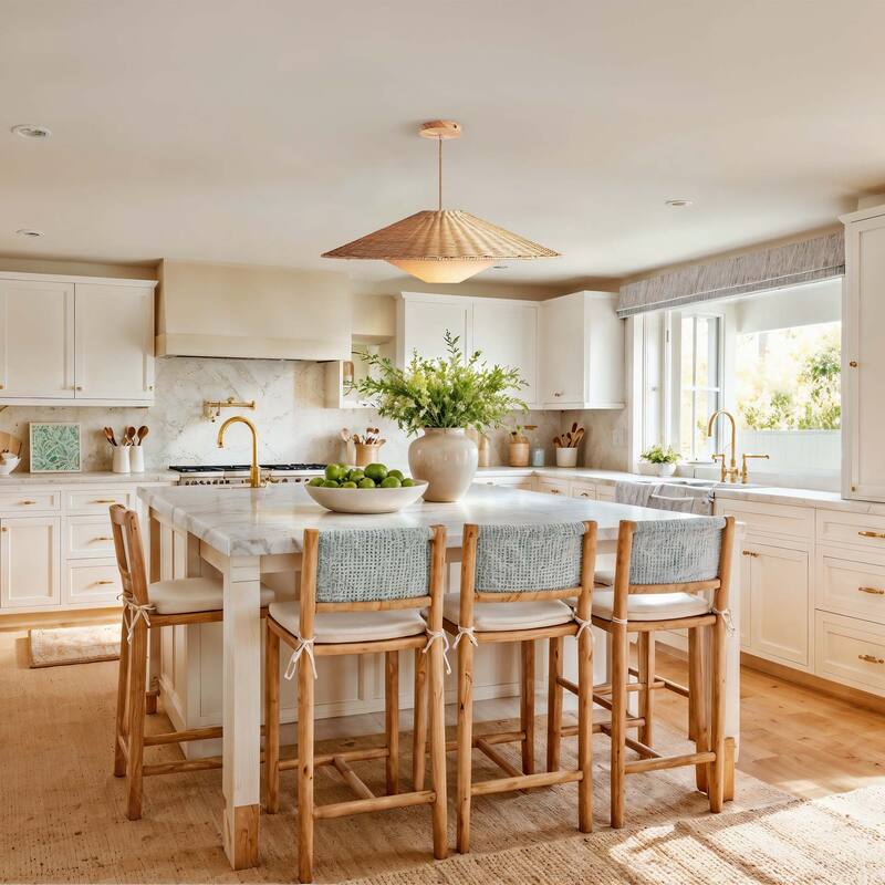 Sunny Rattan Pendant Light - Natural Large Cone 1-Light Handwoven Light Fixture For Modern, Transitional, Farmhouse Room Décor