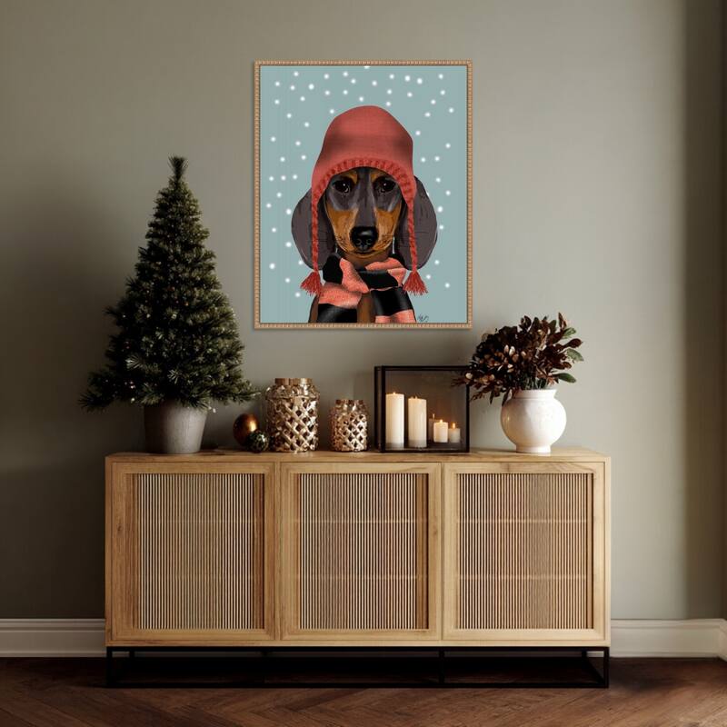 Dachshund With Woolly Hat and Scarf by Fab Funky (23 x 28 in.), Framed Canvas Wall Art Print - Sylvie Beaded Rustic Natural