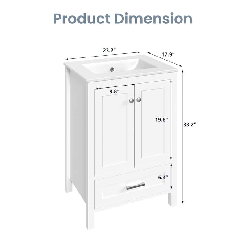 EROMMY All-in-One Bathroom Vanity with Ceramic Sink, Soft-Close Storage Cabinet & Drawer, Glossy Countertop, White