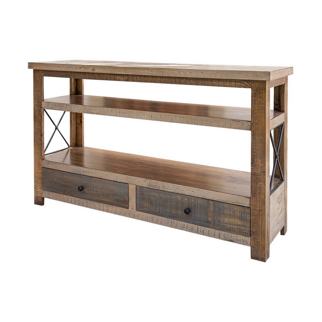 Niya 51 Inch Console Side Table 2 Drawers Solid Pine Wood Wrought Iron